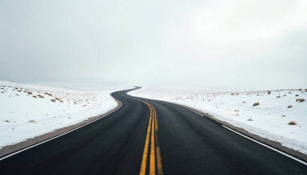 Desolate winter road curves through snow-covered landscape under bright, overcast sky. Asphalt path features double yellow lines, guiding eye towards distant horizon. Sparse, dry grasses dot snowy