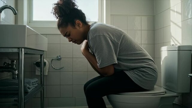 A young woman in casual clothes staying in the toilet with stomach pain