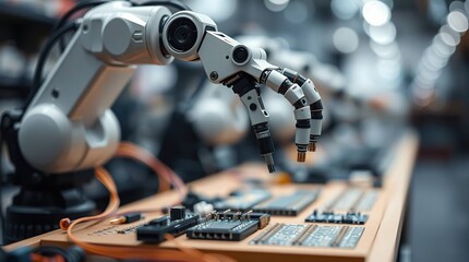 Fototapeta premium Robotic arm with precision grip assembling complex electronic circuit boards in a high-tech factory.