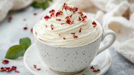 Whipped Cream Topped Dessert in a White Ceramic Cup with Roses