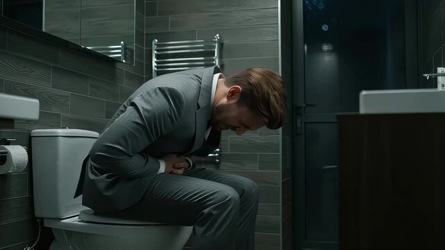 A businesswoman who cannot bear the stomach pain and sits on the floor in the office