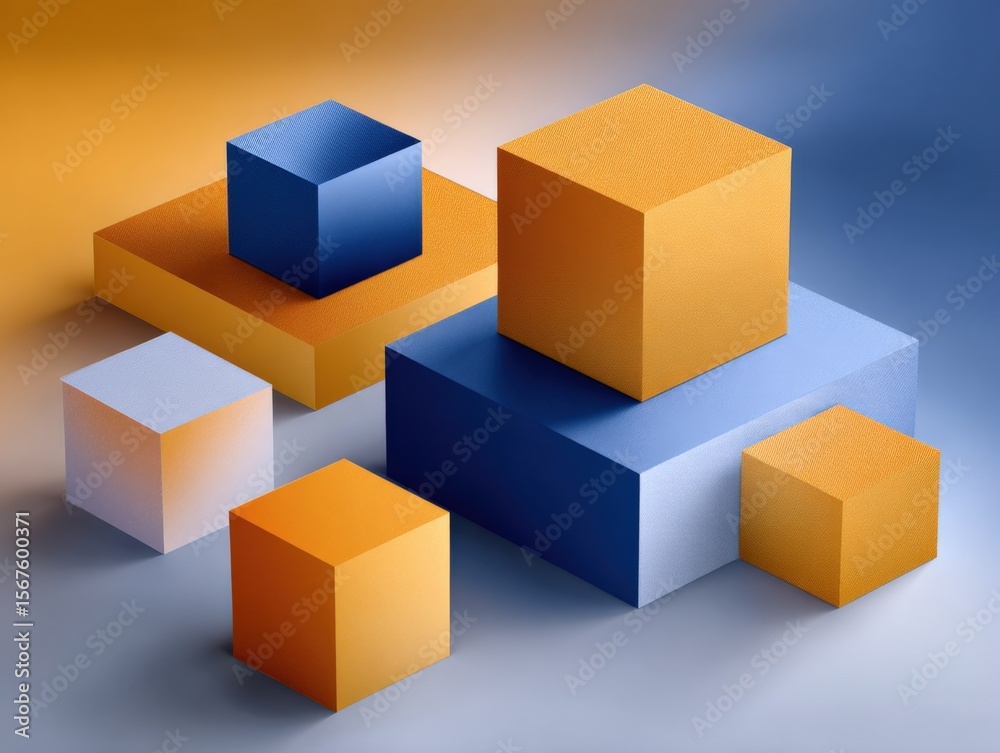 Fototapete Abstract geometric composition with colorful cubes and squares on smooth surface with vibrant background in modern minimal art style
