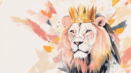 Artistic watercolor lion portrait with golden crown and paint splashes on textured background
