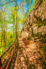 Hiking to Peak Tri Koruny or Trzy Korony during day. Pieniny National park in Poland. Pieniny Castle