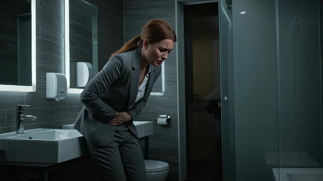Businesswoman enduring stomach pain in the office toilet