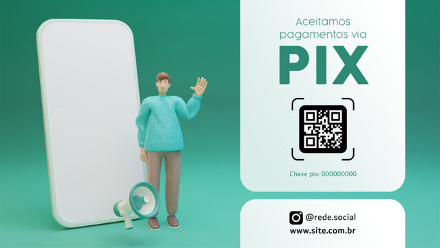 PIX Pague com pix Pagamento com PIX Banner com Personagem 3D e QR Code aqui aceita pix chama no pix pix design template 