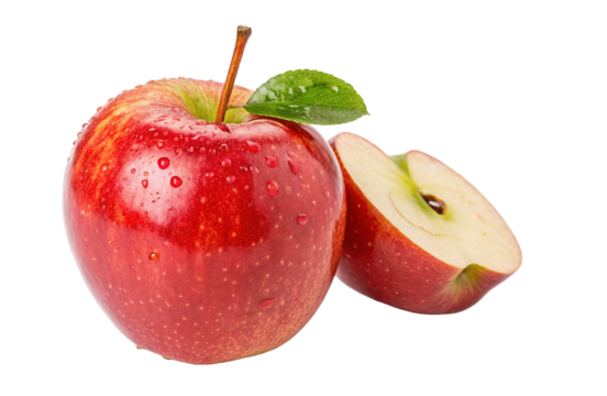 A vibrant image showcasing a whole red apple alongside a sliced apple, complete with a green leaf detail