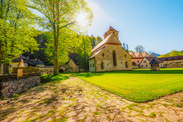 Medieval monastery Cerveny Klastor near Peak Tri Koruny or Trzy Korony in Pieniny National park in...