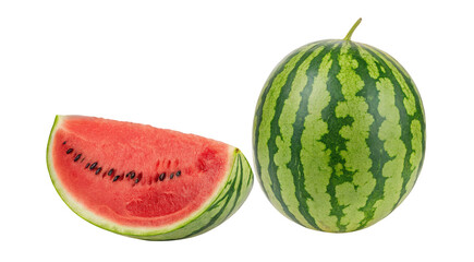 A whole watermelon and a slice with seeds on a black background studio shot of fresh fruit food still life