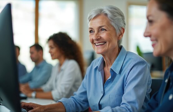 Smiling senior woman learns computer skills in technology class. Elderly student engages with modern education, gaining new skills with computer, tablet. Focus on active aging, lifelong learning.