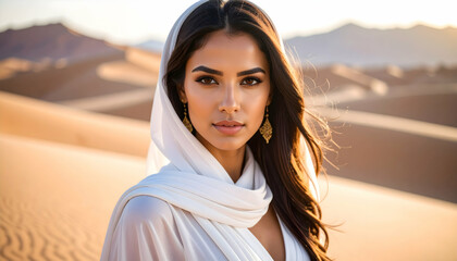 Desert beauty with serene gaze, and dunes.