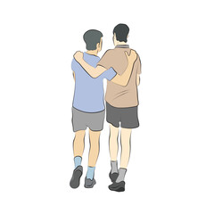 two men hugging together illustration vector hand drawn with black lines isolated on white background.