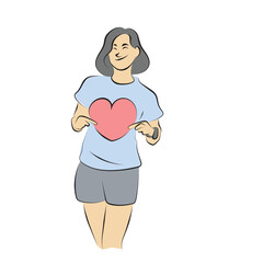 smiling woman holding red heart illustration vector hand drawn with black lines isolated on white background.