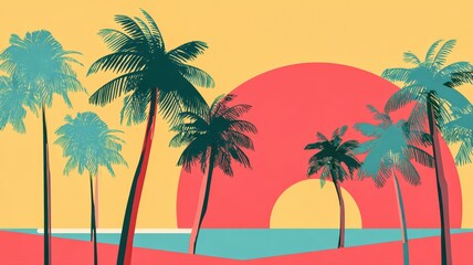 Vibrant summer vacation poster with beach, palm trees, and sun setting Generative AI