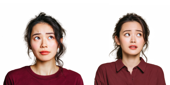 Two portraits of a woman in a maroon shirt looking up with different expressions on her face