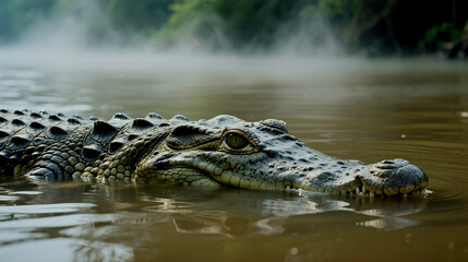 Obraz premium Crocodile lurking in murky river water with morning mist