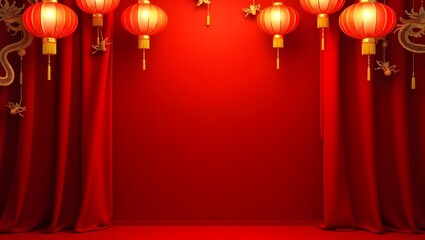 Traditional Chinese Lanterns Hanging on Red Curtains for Festive Cultural Celebration Background