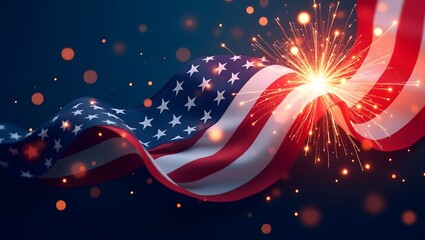 American Flag and Firework Spark on Dark Blue Background for National Holiday Celebration Theme