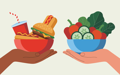 The Dilemma of Dietary Choices: Two hands present a stark contrast of healthy vs. unhealthy foods. One hand holds a vibrant salad while the other clutches a burger and fries.