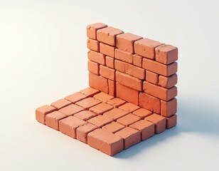 Abstract illustration of oblique brick wall section. Orange-red bricks form corner with precise grout lines, suggesting construction, structure. Minimalist style with clean white background