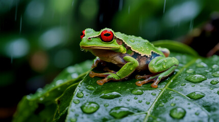 Obraz premium Red eyed tree frog sits on a large leaf during a rain shower