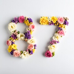 Number 87 made out of flowers with solid white background. Photo for 87th birthday or anniversary party