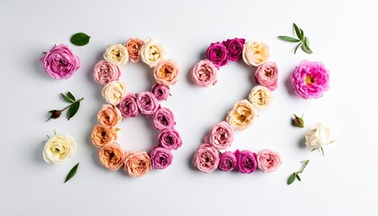 Number 82 made out of flowers with solid white background. Photo for 82nd birthday or anniversary party