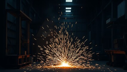 An industrial workshop with glowing sparks, showcasing dynamic energy in a dark environment.