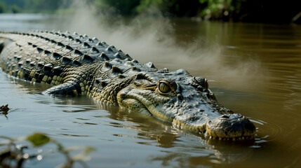 Fototapeta premium American crocodile swims quietly in murky waters along a riverbank