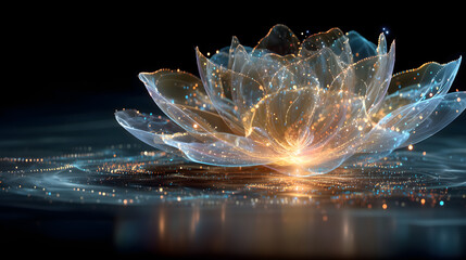 Surreal digital lotus with radiant data petals in dark space