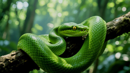 Obraz premium Vivid green pit viper coils elegantly on a branch amidst lush foliage
