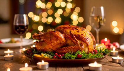 Roasted Turkey with Christmas Dinner Table.