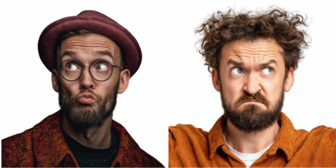 Two men with different expressions one wearing a hat and glasses looking sideways