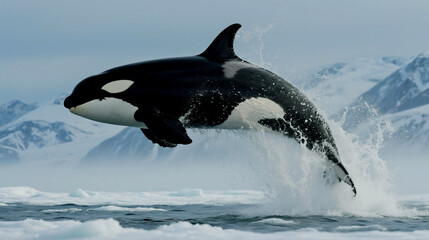 Fototapeta premium Orca leaps from the icy water of the Arctic against a snowy mountain backdrop