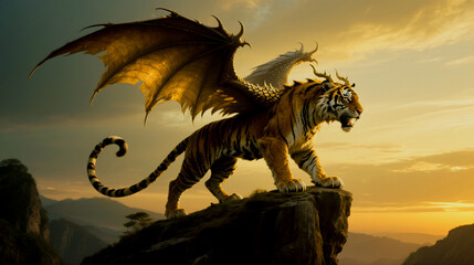 Majestic winged tiger perched high on a mountain peak during golden sunset