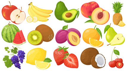 Set of fruits and berries isolated on white background. Apple, banana, avocado, peach, pineapple, watermelon, kiwi, plum, orange, pear, grapes, lemon, strawberry, coconut, cherry.