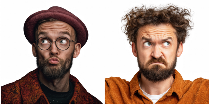 Two men with different expressions one wearing a hat and glasses looking sideways