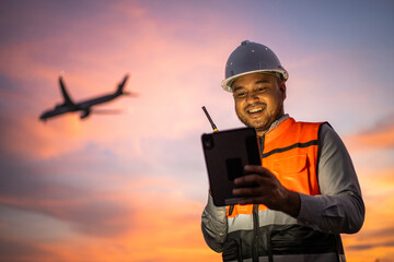 Smart engineer wearing safety uniform working with tablet near airport at night. Maintenance...