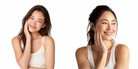 Two portraits of a smiling young woman with her hand on her cheek in a white top
