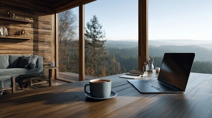Fototapeta premium Laptop coffee cup on wooden desk overlooking forest landscape Cozy cabin interior with large windows