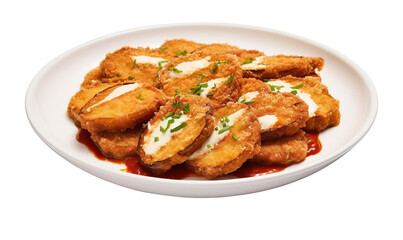 A white scalloped ceramic plate featuring crispy golden-brown breaded eggplant slice