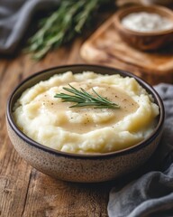 Creamy Mashed Potatoes with Rosemary on Wooden Table