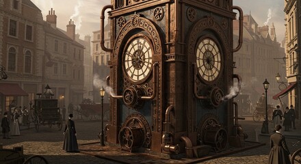 Detailed Steampunk Clock Tower Standing On A Cobblestone Street With Antique Vehicles And People in A Historic European Town