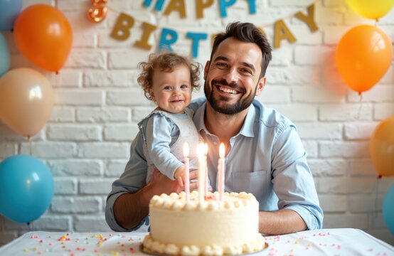 Father holds baby daughter near birthday cake with lit candles. Balloons and Happy Birthday banner in background. Cheerful family celebration in home. Childhood joy and bonding.