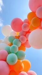 Pastel balloons arch garland for party decorations and event celebration under blue sky
