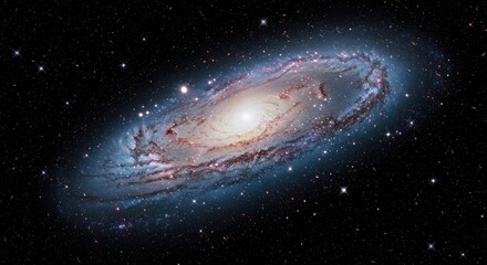 Detailed View of Andromeda Galaxy with Swirling Blue Arms and Bright Star Clusters Against a Deep Black Space Background