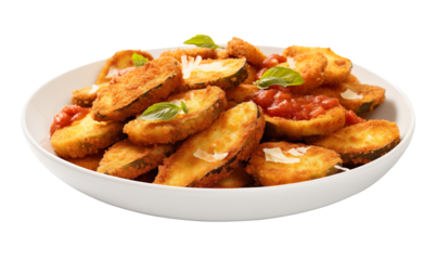 A white scalloped ceramic plate featuring crispy golden-brown breaded eggplant slice