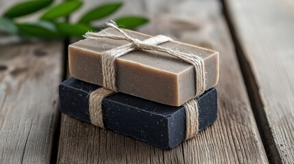 two soap bars wrapped in twine on a wooden table