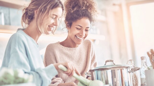Kitchen Companionship: Two women, their faces lit with genuine joy, collaborate harmoniously in the kitchen, sharing laughter and a warm embrace of culinary experience.