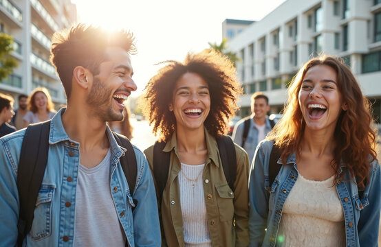 Joyful multiracial students laugh together on street after school exams. Excited friends celebrate academic success, achievement. Diverse group of young people, college, university life, happiness,